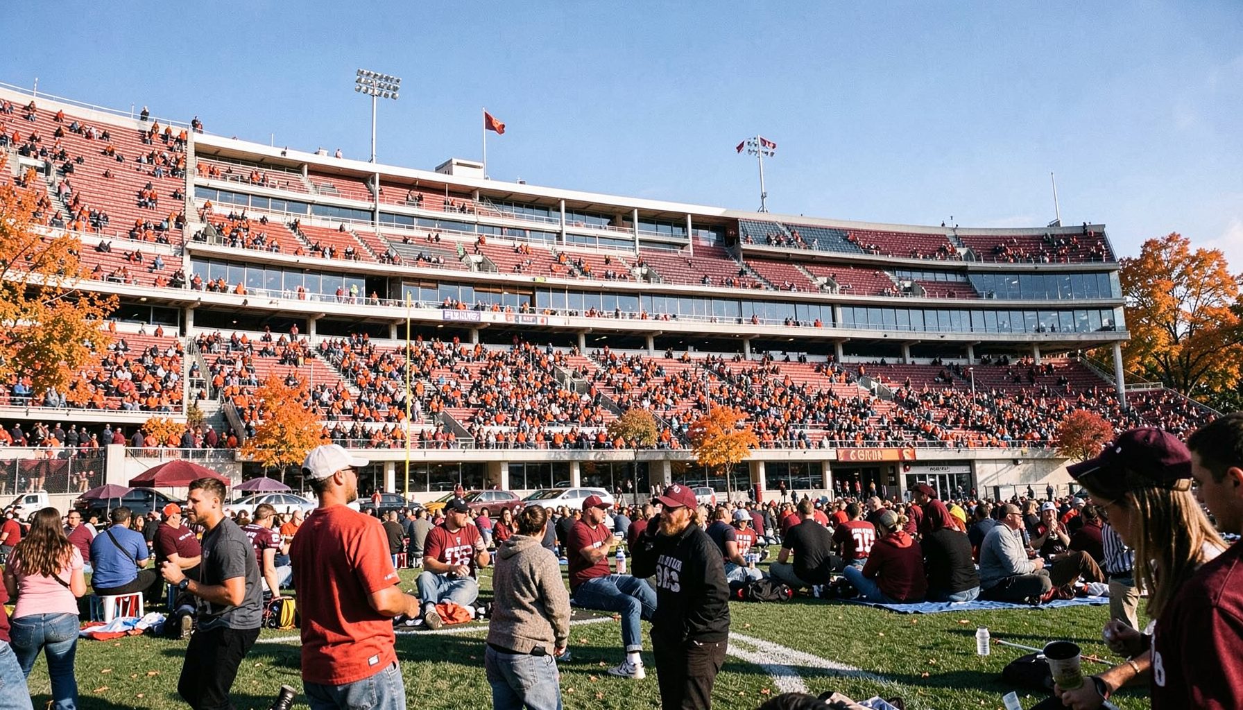 College football stadium exterior on game day with tailgating crowds, autumn colors of orange and burgundy, clear blue sky