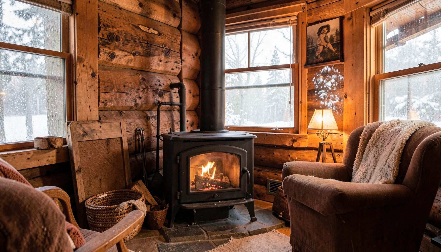 Cozy interior of a rustic cabin with a wood stove, warm orange and brown tones, winter visible through frosted windows