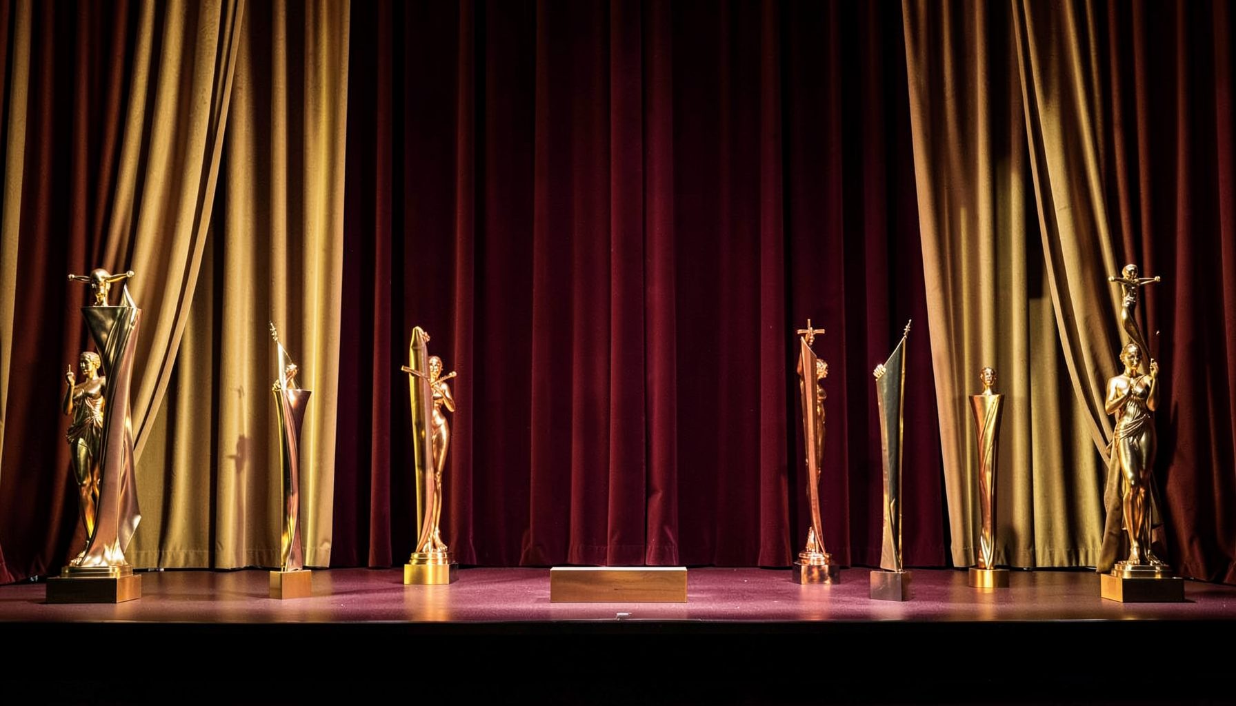 Elegant awards show stage with golden statues and dramatic curtain backdrop, warm gold and deep burgundy tones