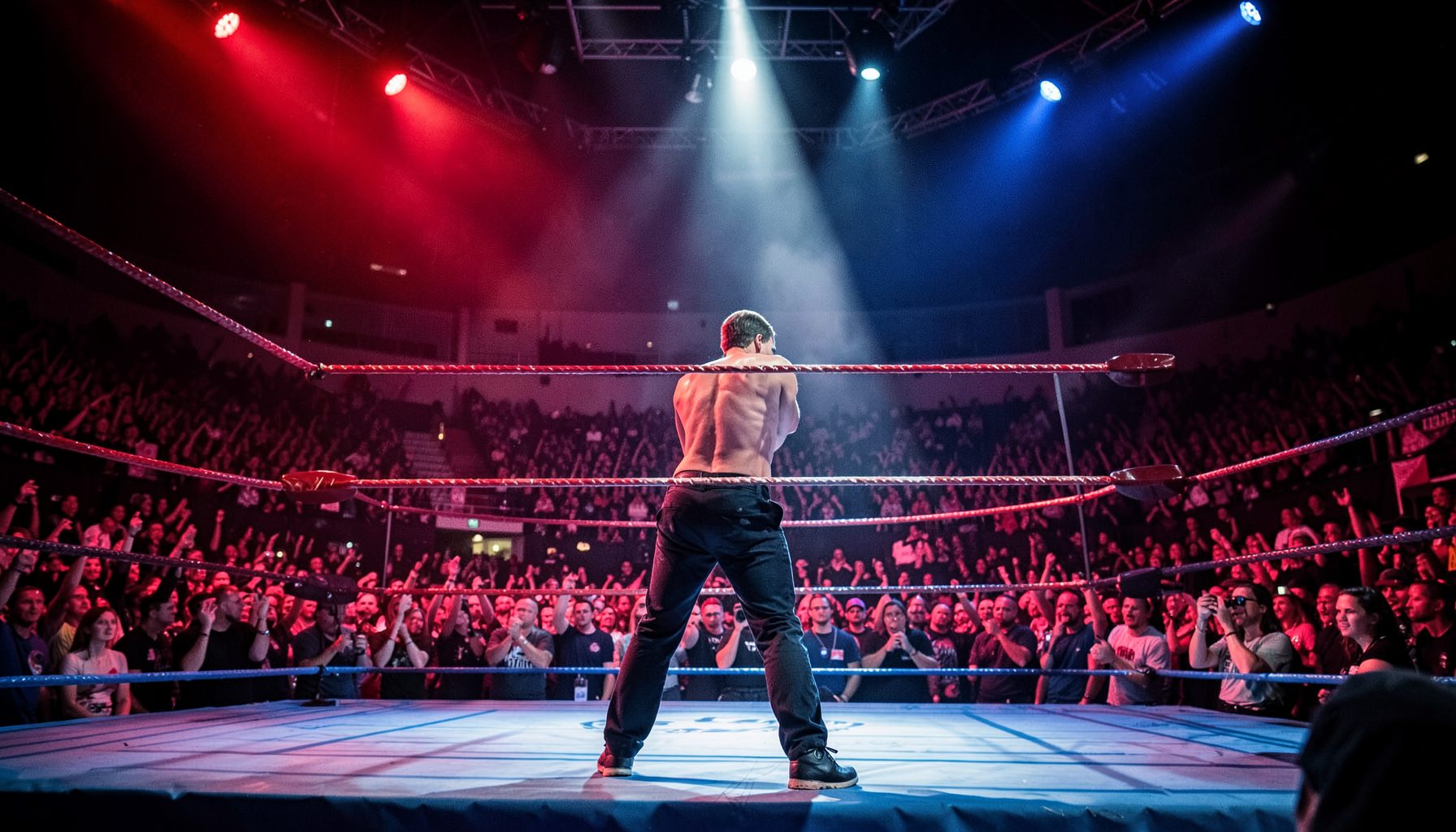 Wrestling ring under dramatic spotlight in a packed arena, bold red and blue lighting, intense showmanship atmosphere